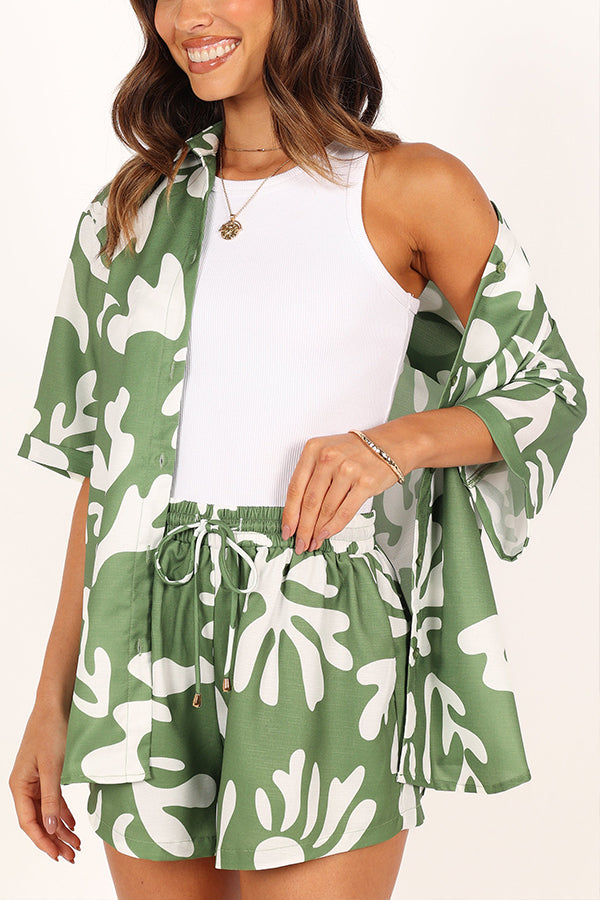 Summer Is Coming Printed Button Up Blouse and Elastic Waist Pocketed Shorts Set