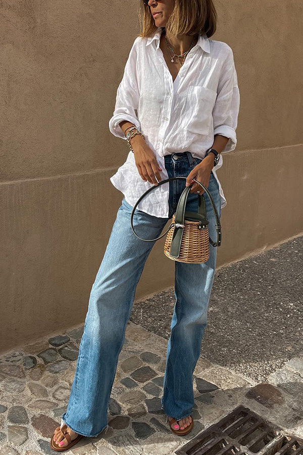 2023 new Linen blend lapel all-match blouse