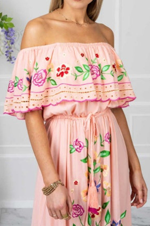 GODLIKE one-shoulder floral embroidered drawstring fringed belted maxi dress