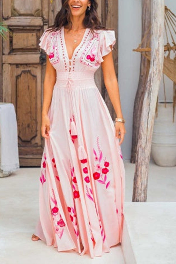 MAGNOLIA sleeveless v-neck embroidered maxi dress