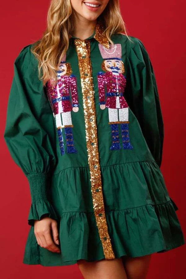 Mini-robe boutonnée à manches longues et sequins Casse-Noisette