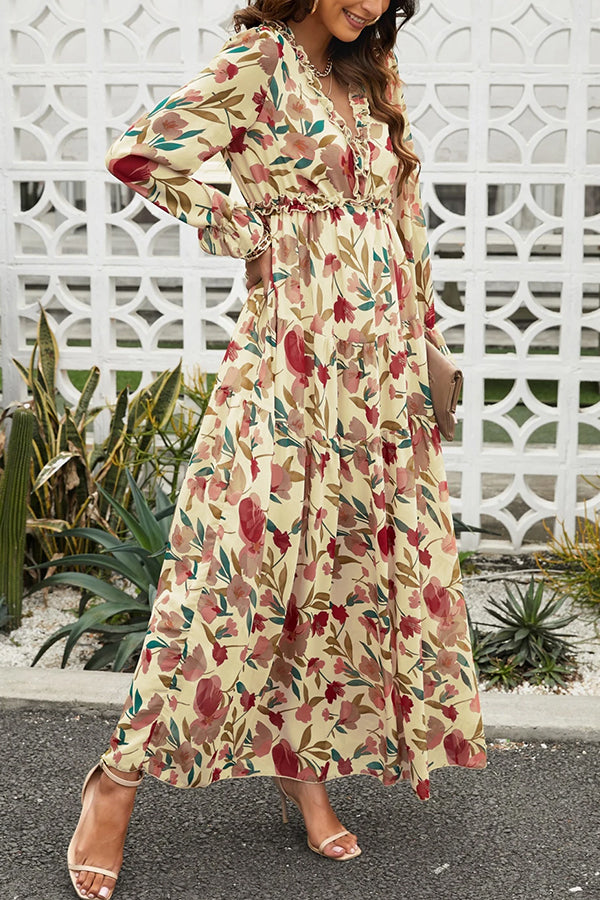 Apricot Floral Print Ruffle Trim Plunge Neckline Maxi Dress