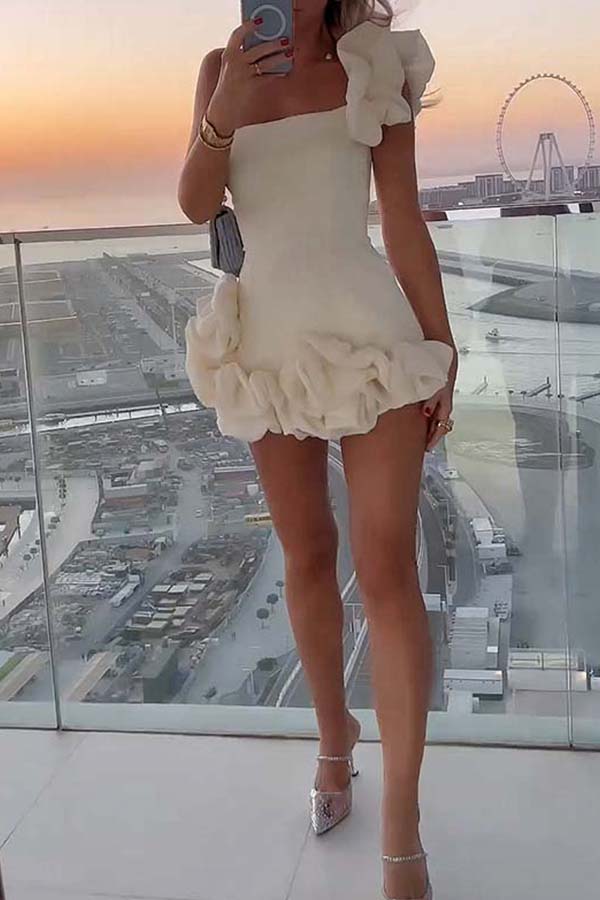 OFF-SHOULDER MINI RUFFLED FLOWER BUD MINI DRESS