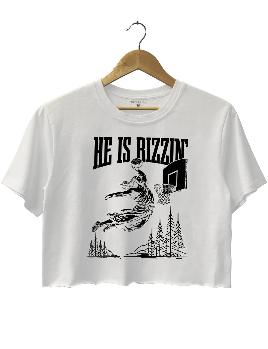 He ls Rizzin Funny Easter Jesus Playing Basketball Crop Top