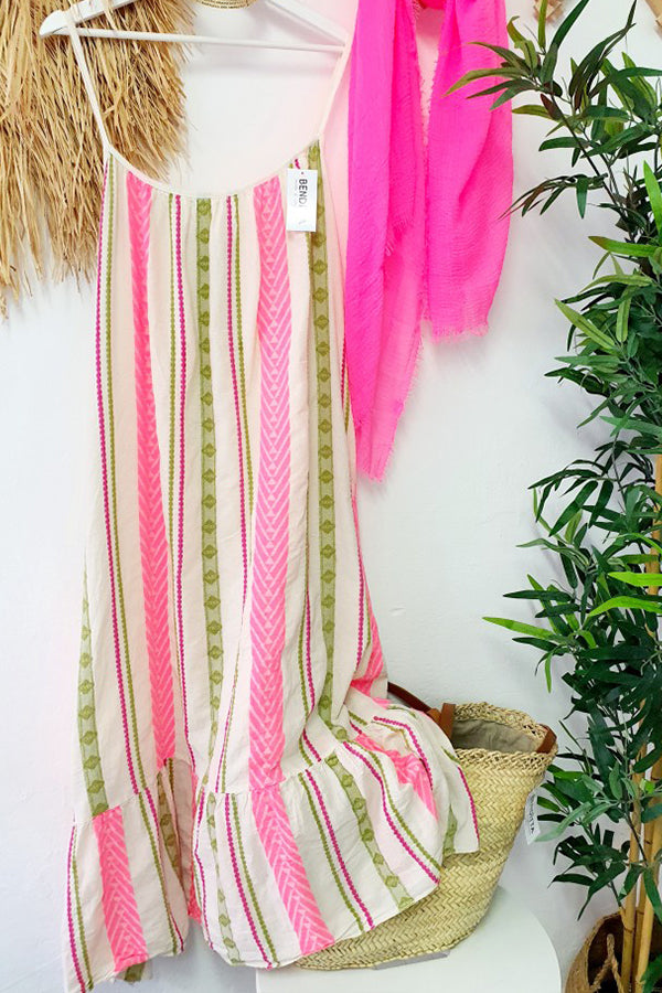 Happy Sunday Linen Blend Ethnic Print A-line Cami Maxi Dress
