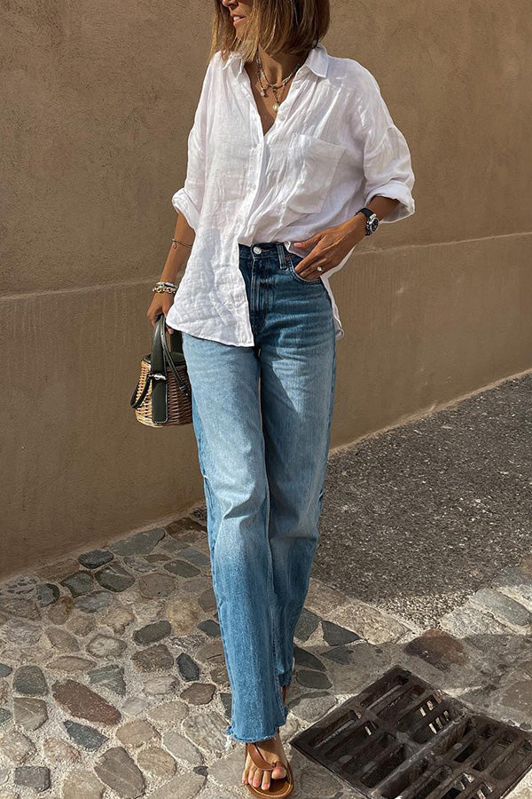 2023 new Linen blend lapel all-match blouse