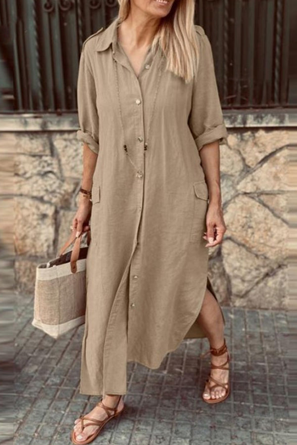 Robe chemise décontractée à manches longues et revers de couleur unie