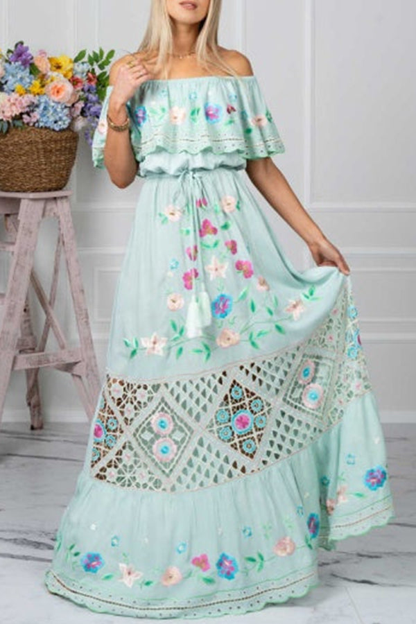 GODLIKE one-shoulder floral embroidered drawstring fringed belted maxi dress