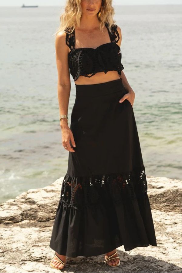 Summer City Hollow Lace Crop Tank and Elastic Waist Pocketed A-line Maxi Skirt Set