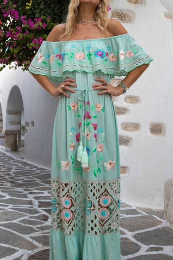 GODLIKE one-shoulder floral embroidered drawstring fringed belted maxi dress