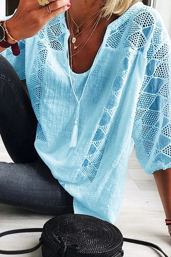 Cotton Linen Blend Patchwork Hollow Out Tassel Blouse