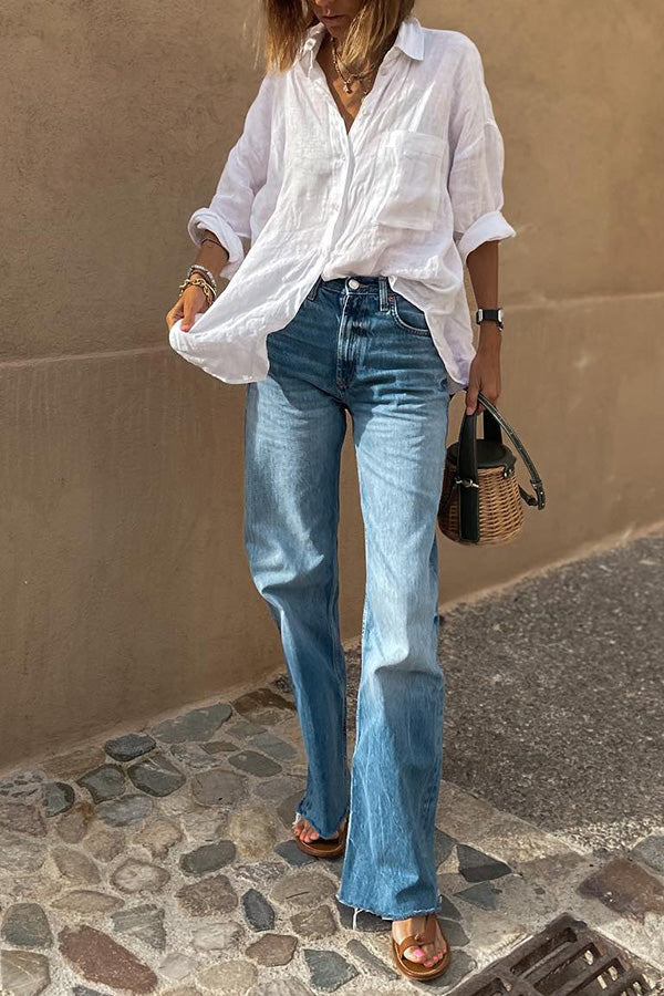 2023 new Linen blend lapel all-match blouse