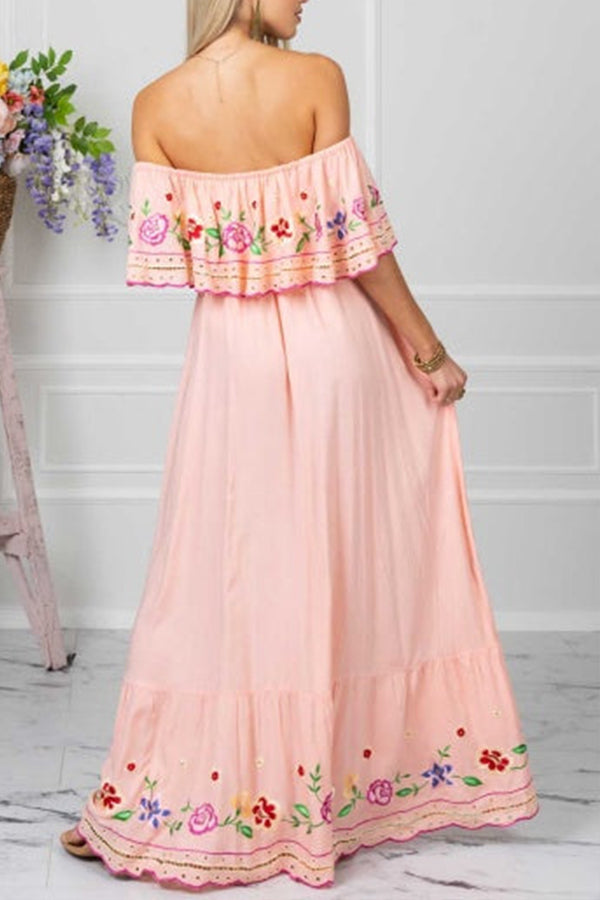 GODLIKE one-shoulder floral embroidered drawstring fringed belted maxi dress