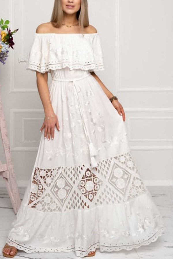 GODLIKE one-shoulder floral embroidered drawstring fringed belted maxi dress