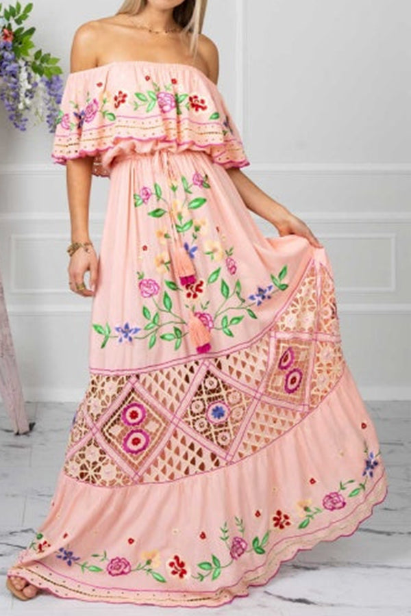 GODLIKE one-shoulder floral embroidered drawstring fringed belted maxi dress