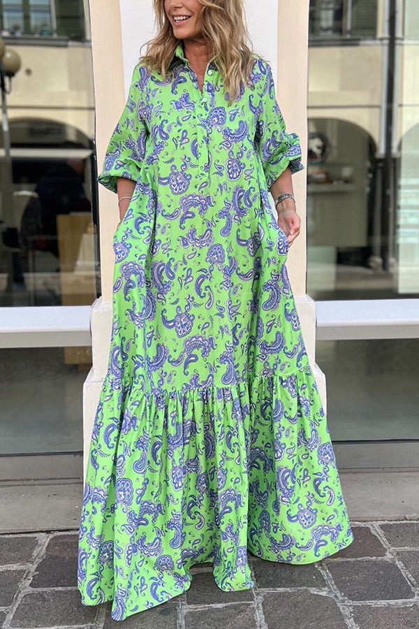 Looking My Best Printed Pocketed A-line Shirt Maxi Dress