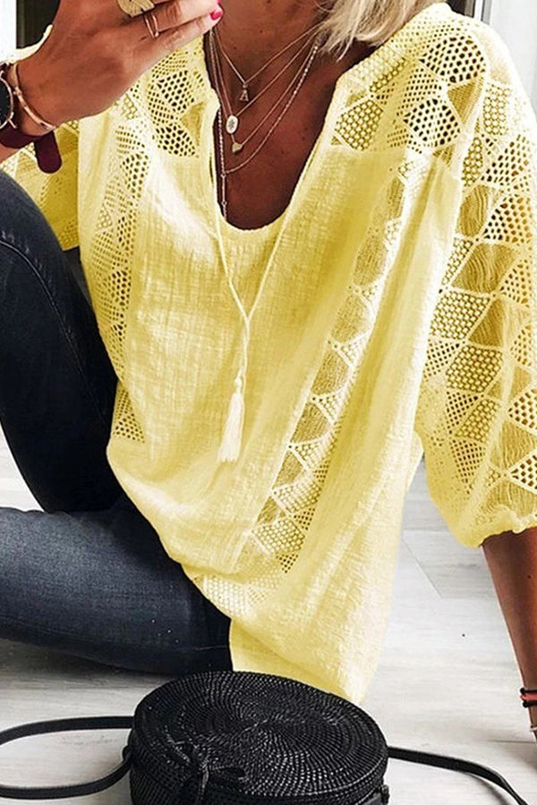 Cotton Linen Blend Patchwork Hollow Out Tassel Blouse