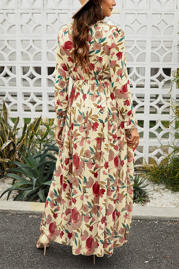 Apricot Floral Print Ruffle Trim Plunge Neckline Maxi Dress