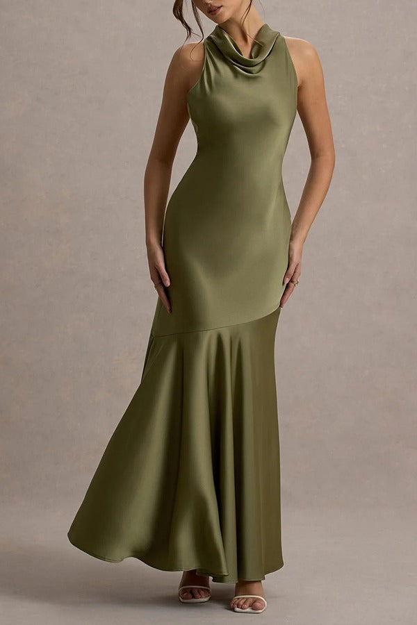 Robe longue en satin à col bénitier et nœud papillon au dos, sophistiquée et intemporelle