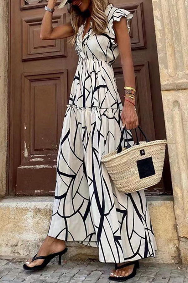 Anna geometric V-neck ruffled long skirt