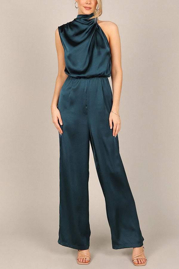 Goddess Lines Satin High Neck Wide Leg Jumpsuit