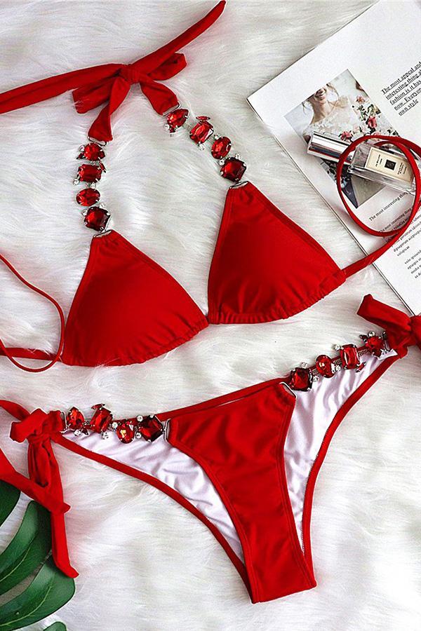 Halter Tied Detail Rhinestone Decor Bikini Set