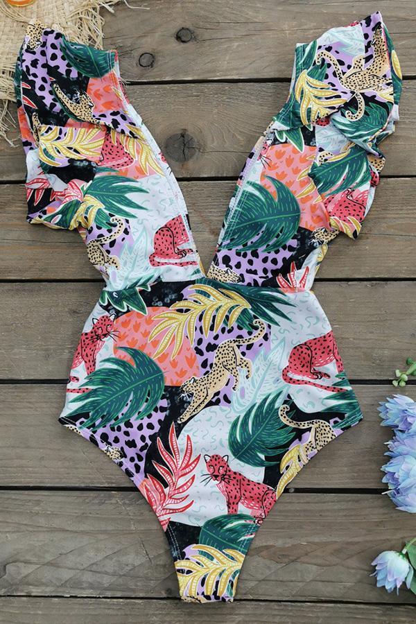 Leopard Print Deep V Open Back High Waist Swimsuit