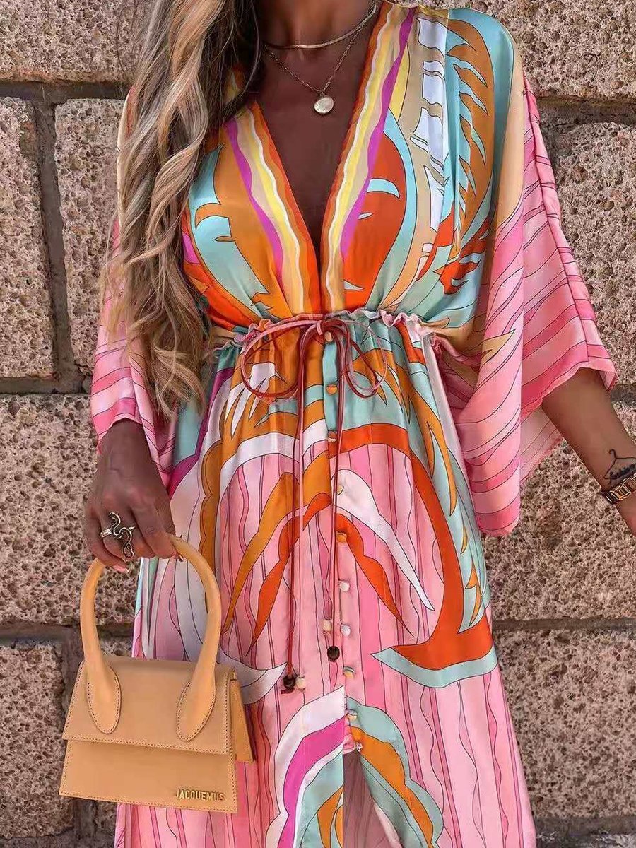 Digital Print V-neck Smocked Split Floor Length Dress