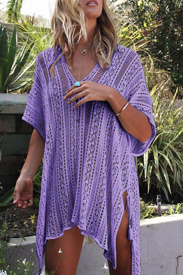 Loose Hollow Vacation Half Sleeve V Neck Beach Cover-Ups