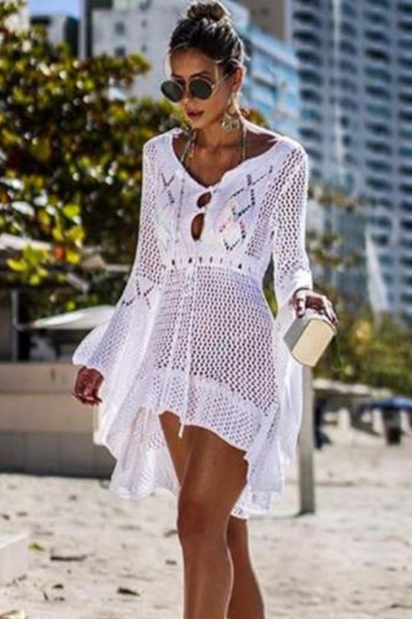 Flared Sleeves Crochet Swimwear Cover-Ups