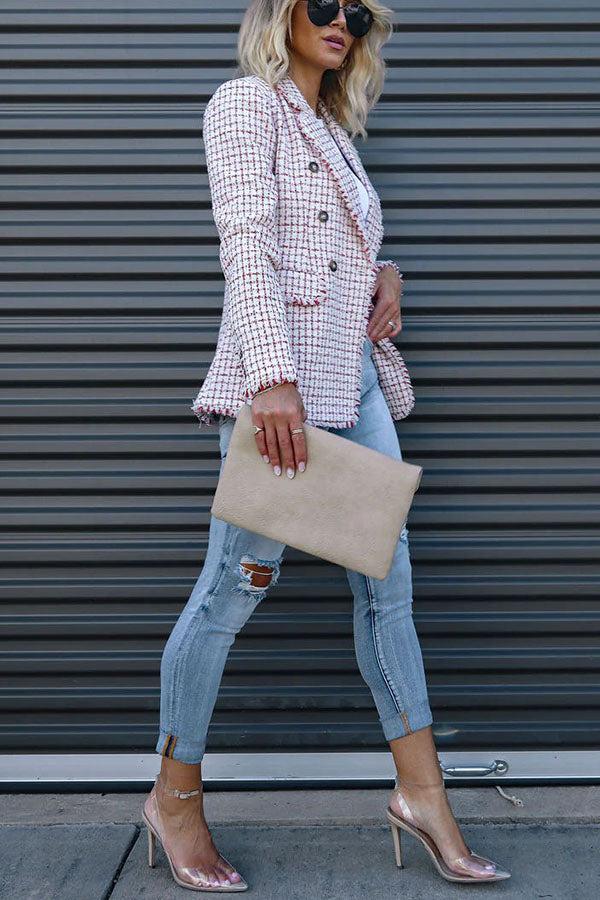 Out In NYC Tweed Plaid Double Breasted Blazer
