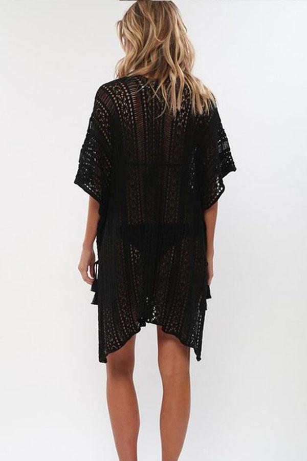 Loose Hollow Vacation Half Sleeve V Neck Beach Cover-Ups