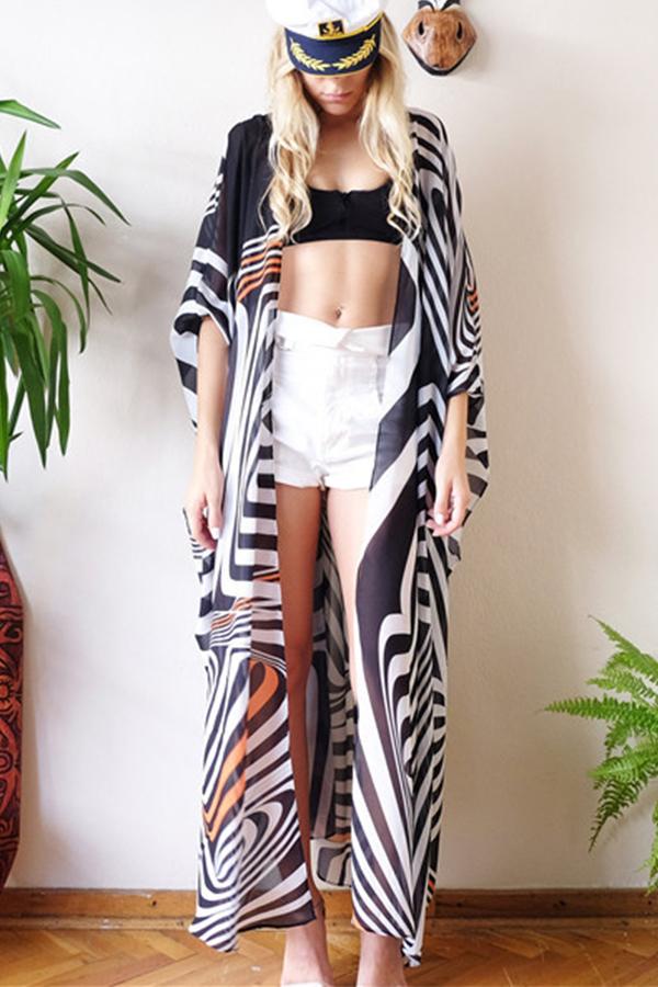 Sun Protection Shirt Black and White Striped Blouse Holiday Cardigan