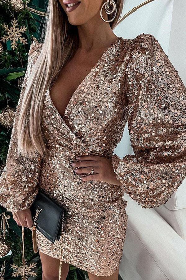 Shimmer Sequin Balloon Sleeve Party Dress