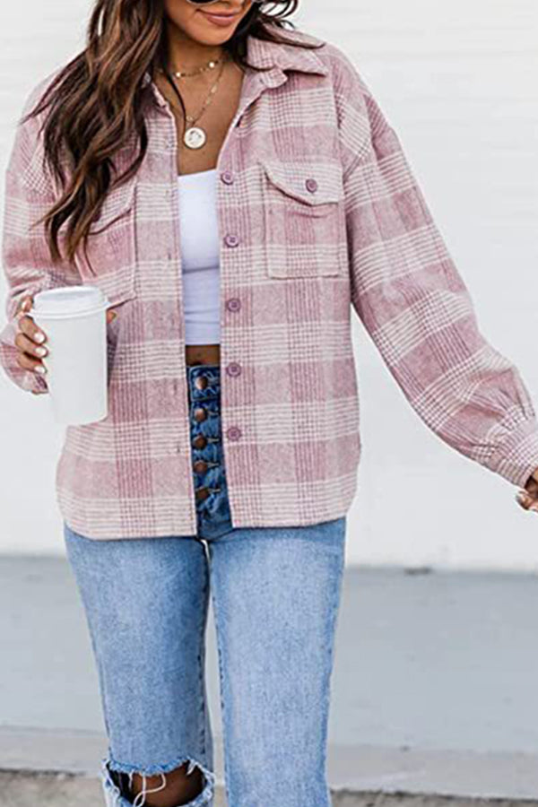 Plaid Buckle Turndown Collar Tops