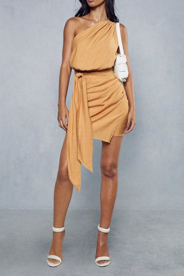 Textured Linen Look Drape Detail Dress