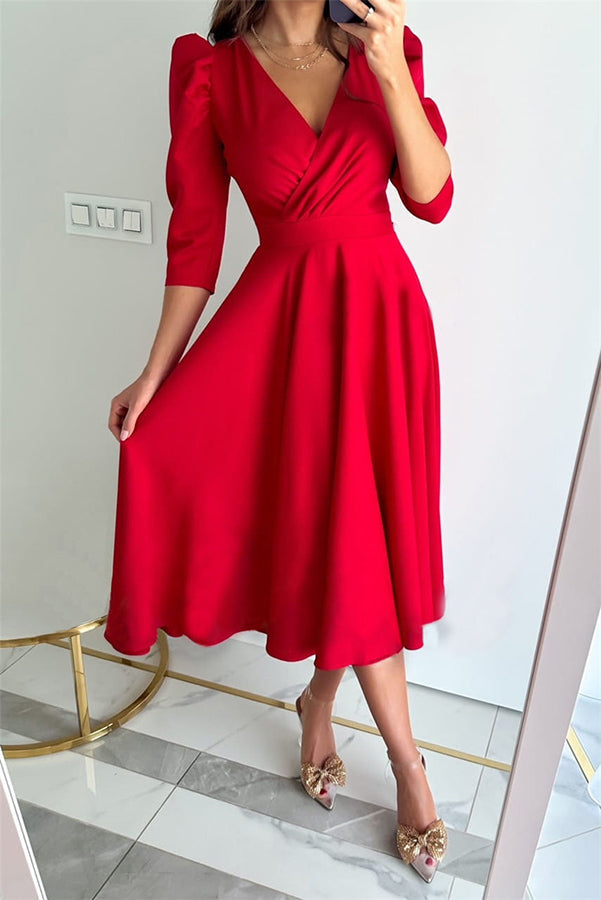 Puff Sleeve Swing Midi Dress