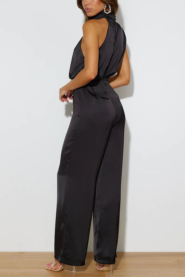Goddess Lines Satin High Neck Wide Leg Jumpsuit