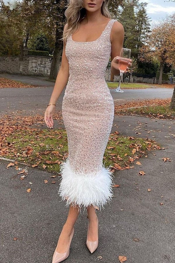 Celebrating In Times Feather Detail Trim Sequin Dress