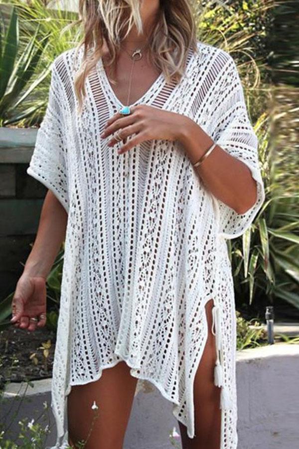 Loose Hollow Vacation Half Sleeve V Neck Beach Cover-Ups