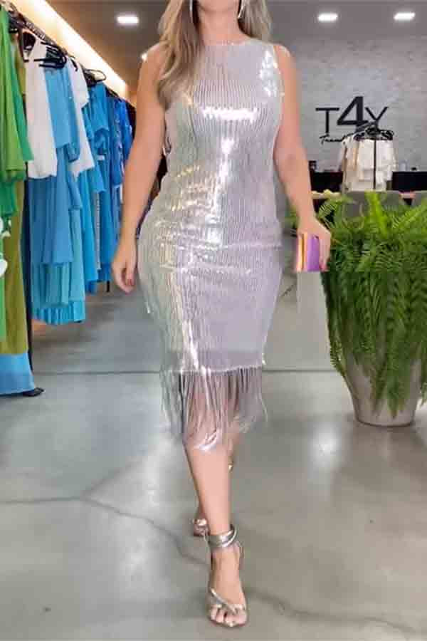 Backless Shiny Tasseled Sleeveless Wrap Round-Neck Midi Dresses
