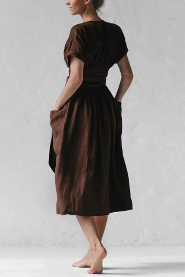 Forever Yours Belt High Waist Cotton- Linen Dress