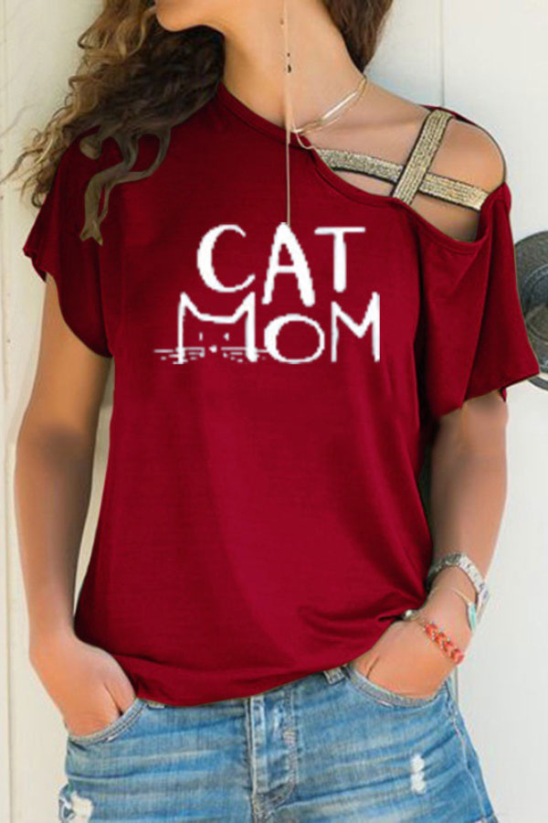 Casual Printed Slanted Shoulder Cross Irregular T-shirt