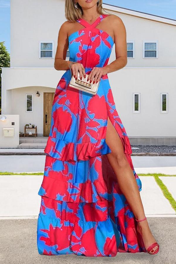 Bohemian Ruffled Slit Contrast Print Maxi Dress