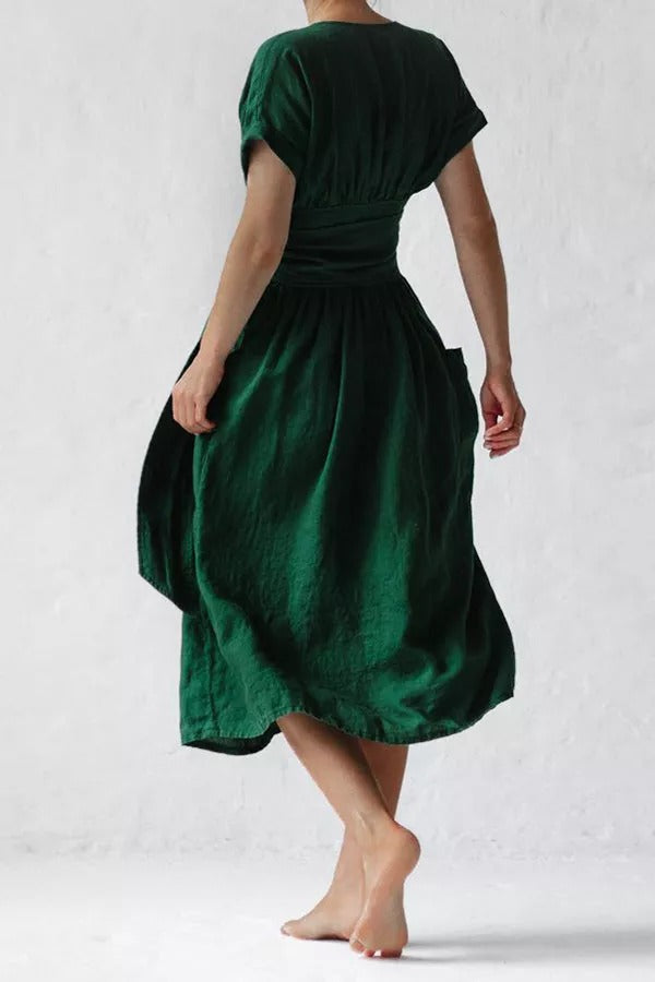 Forever Yours Belt High Waist Cotton- Linen Dress