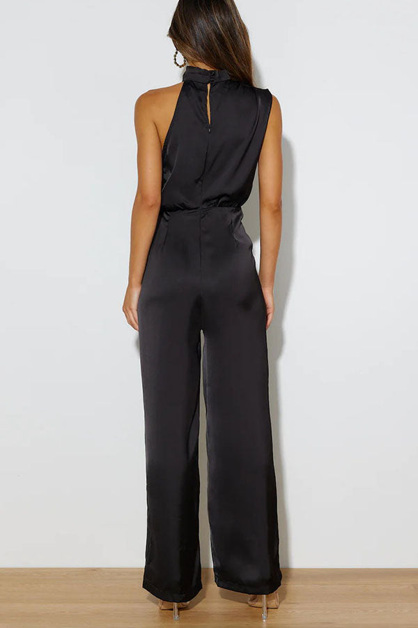 Goddess Lines Satin High Neck Wide Leg Jumpsuit
