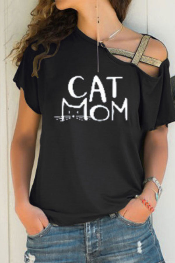 Casual Printed Slanted Shoulder Cross Irregular T-shirt