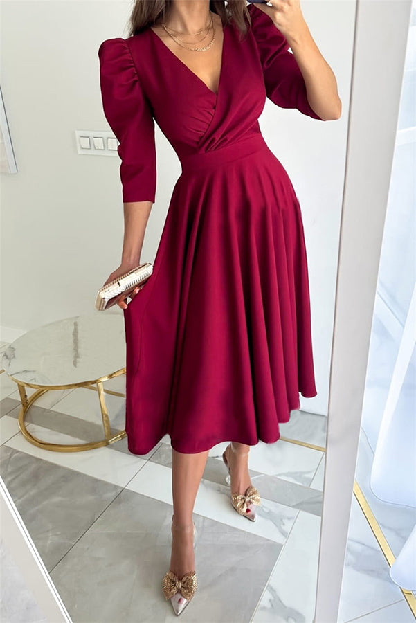 Puff Sleeve Swing Midi Dress