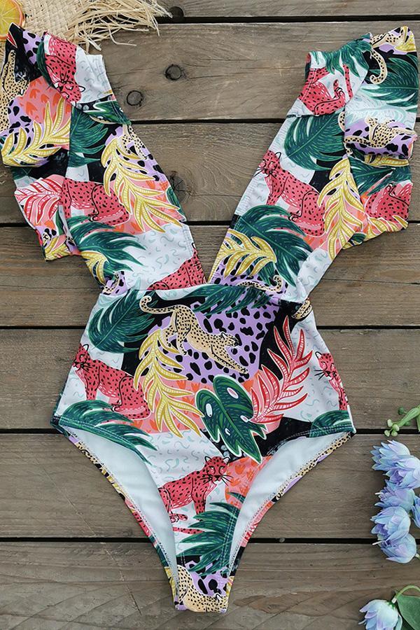 Leopard Print Deep V Open Back High Waist Swimsuit
