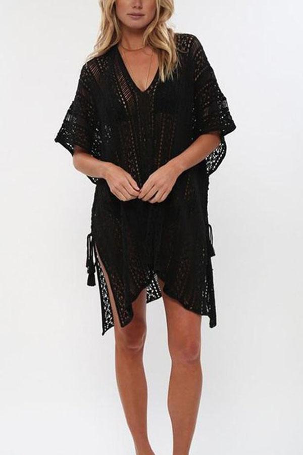 Loose Hollow Vacation Half Sleeve V Neck Beach Cover-Ups
